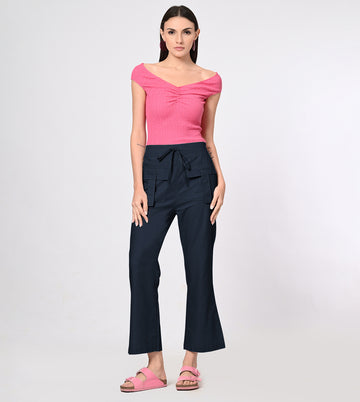 Rayon High Waisted Navy Casual Pants