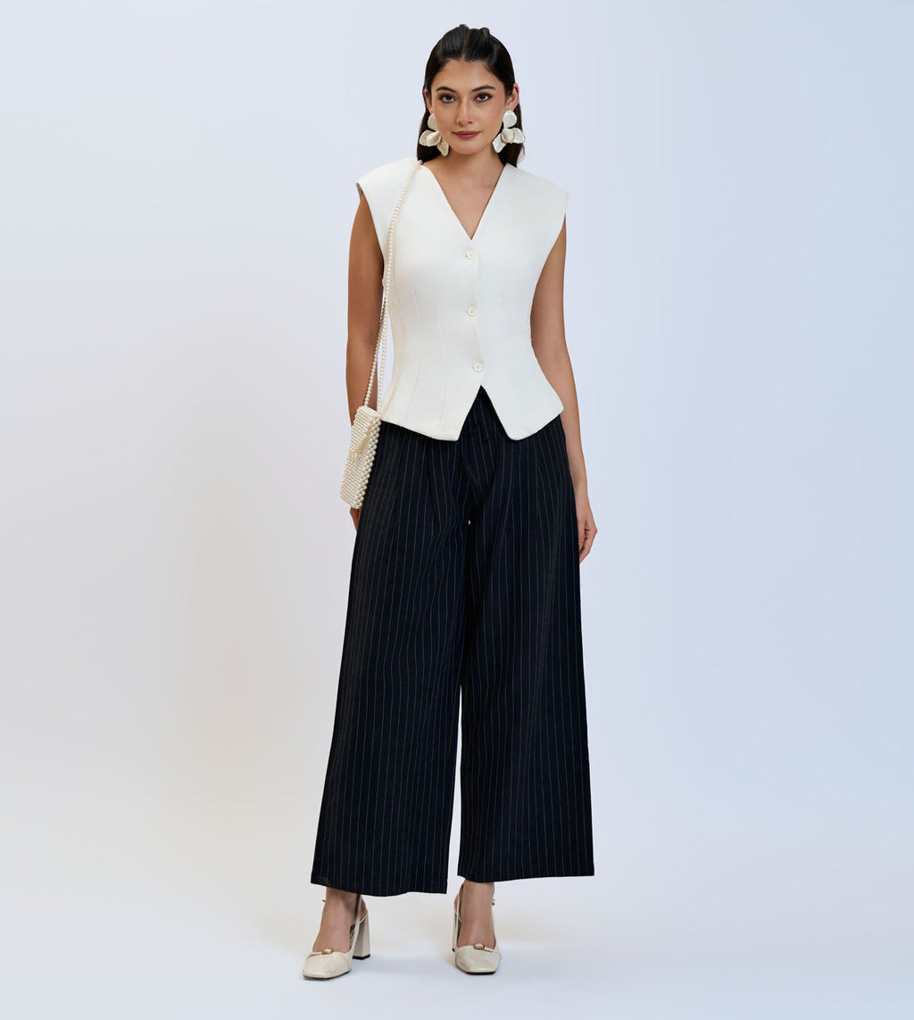 S-Black Cotton Linen Pinstripe Wide-Leg Pants