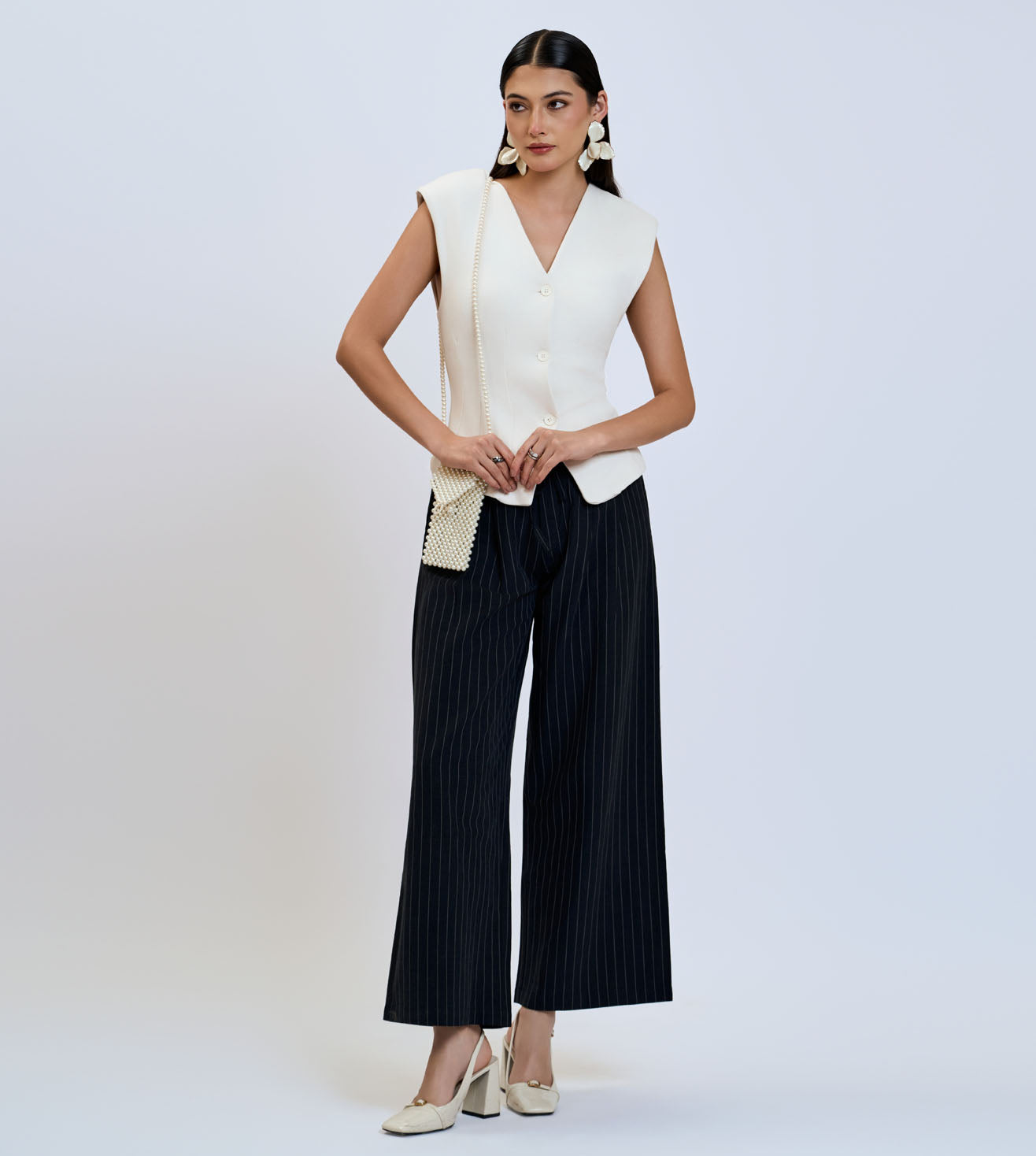 S-Black Cotton Linen Pinstripe Wide-Leg Pants