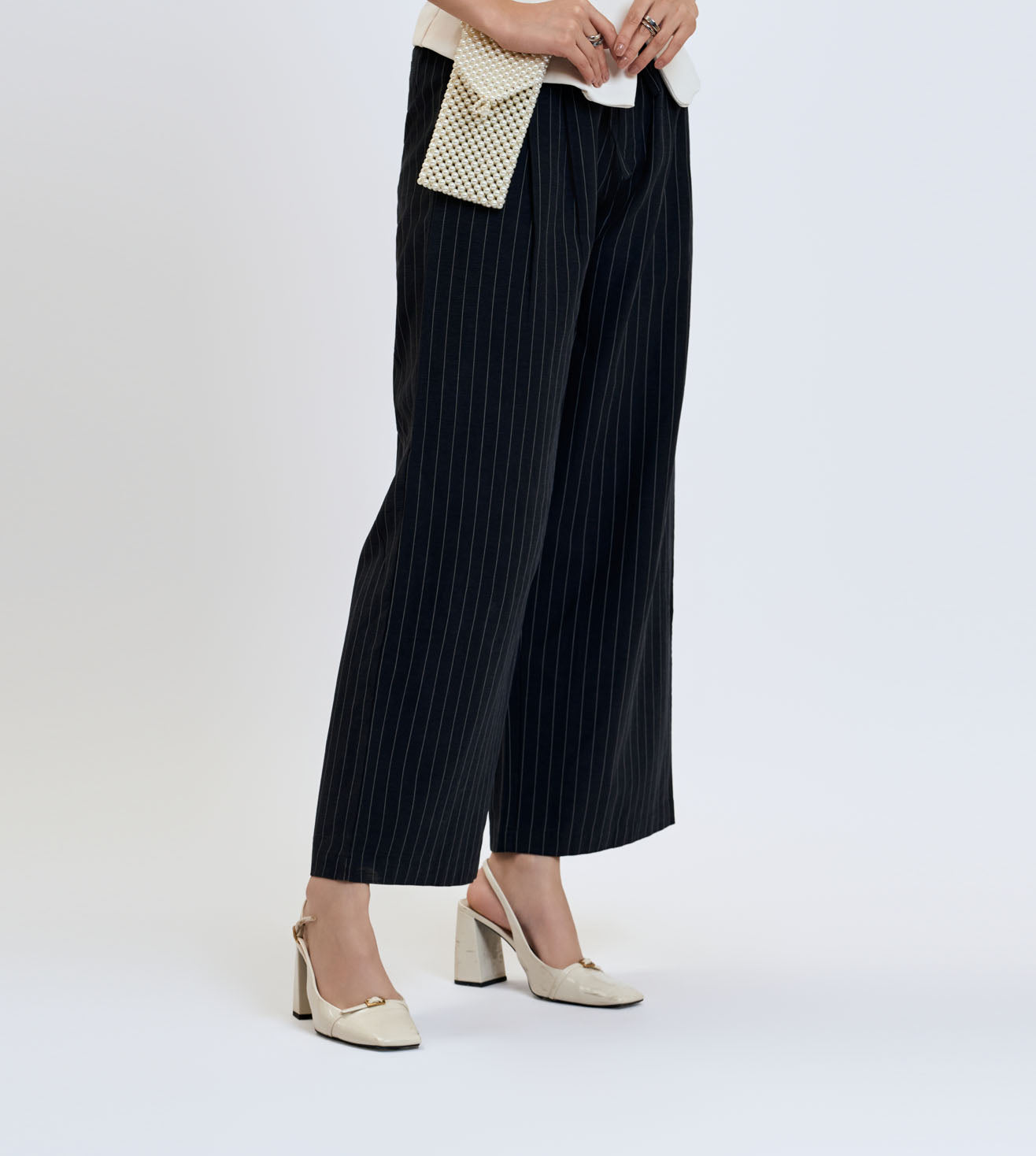 S-Black Cotton Linen Pinstripe Wide-Leg Pants