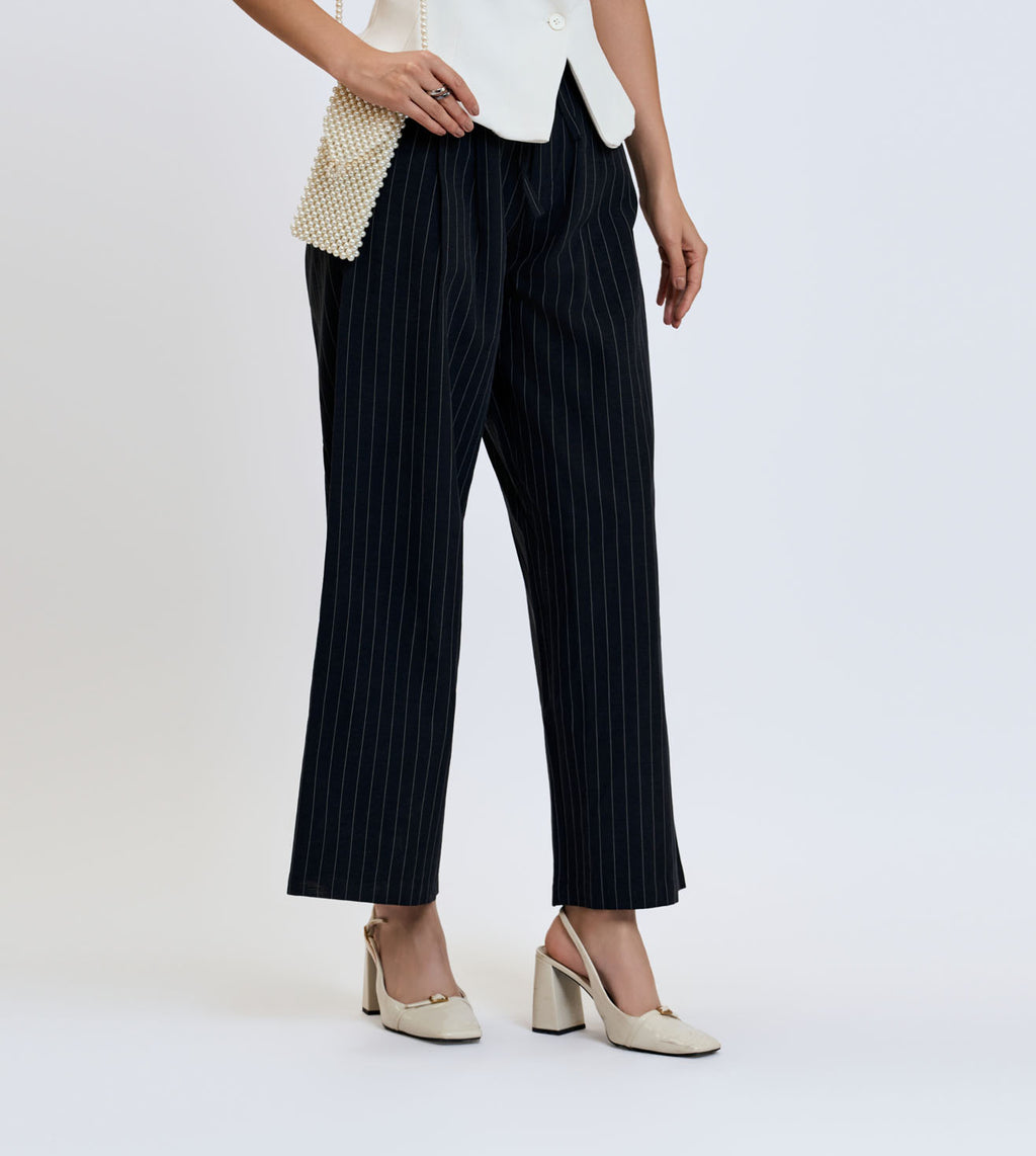 S-Black Cotton Linen Pinstripe Wide-Leg Pants