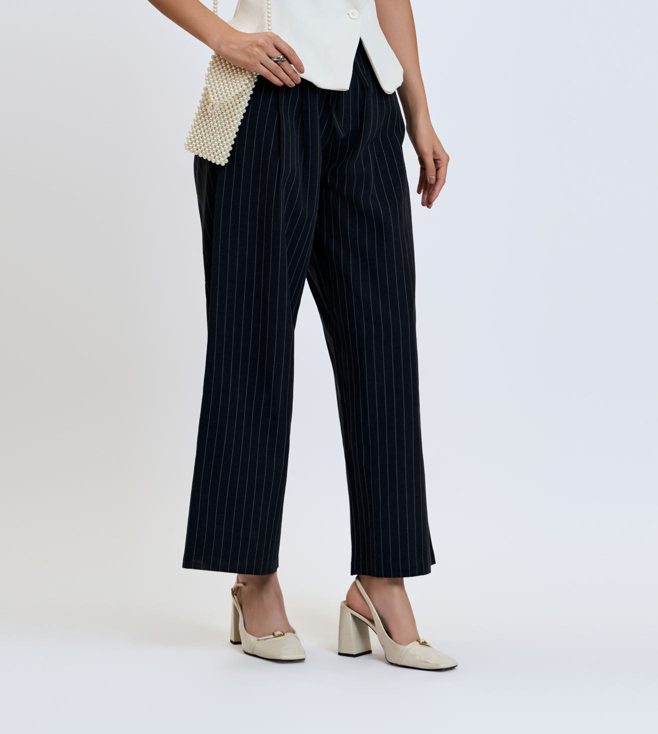 S-Black Cotton Linen Pinstripe Wide-Leg Pants