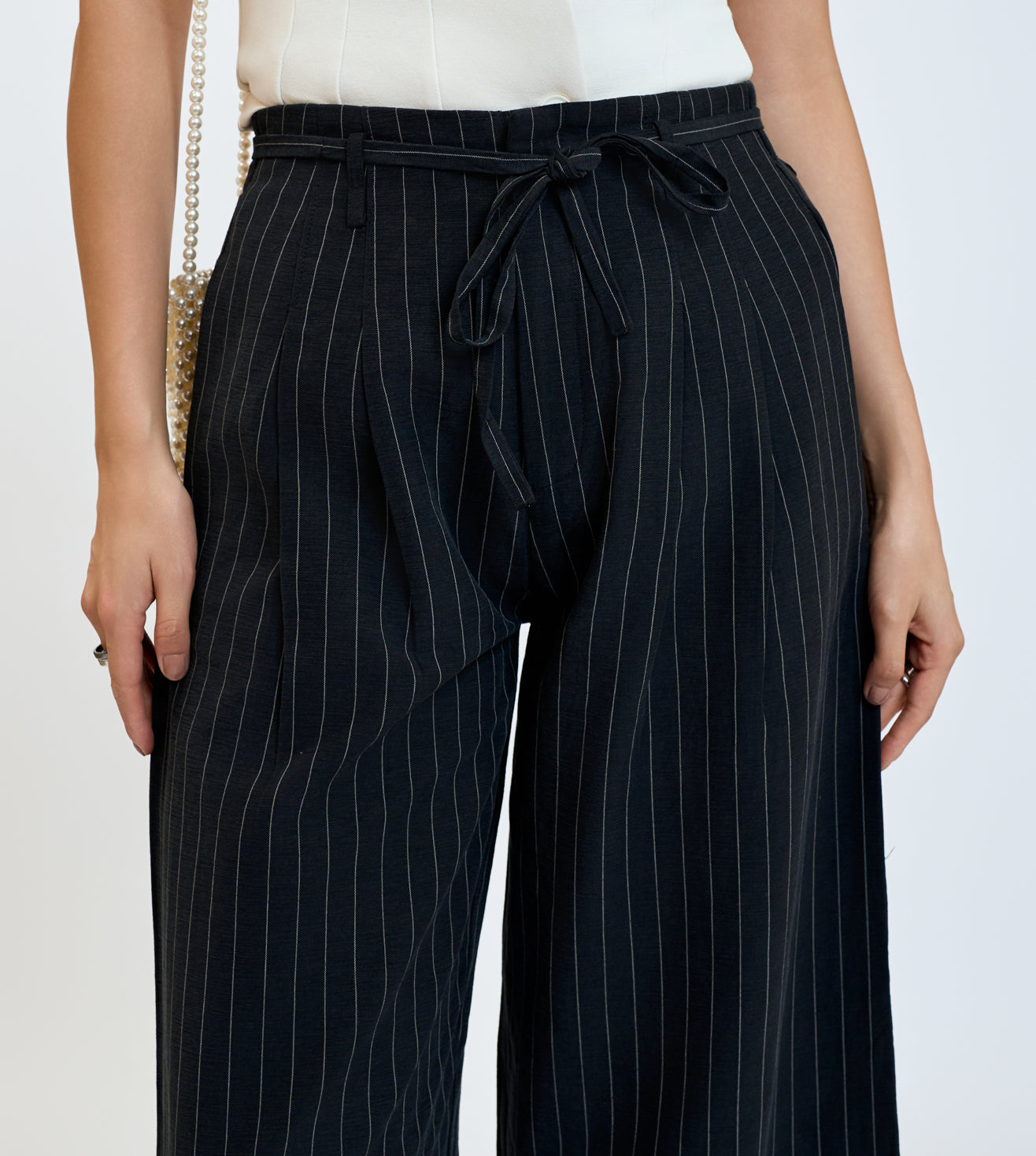 S-Black Cotton Linen Pinstripe Wide-Leg Pants