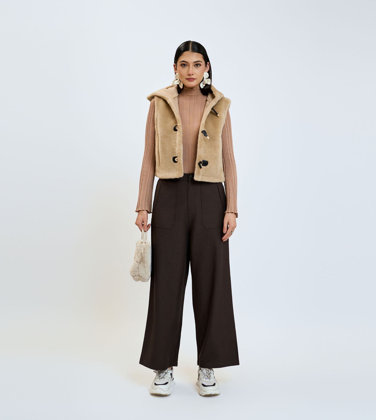 Coffee Cotton Linen Wide-Leg Utility Trousers