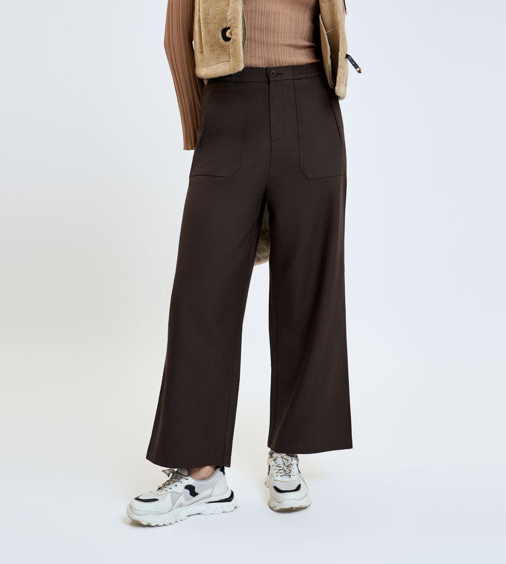 Coffee Cotton Linen Wide-Leg Utility Trousers