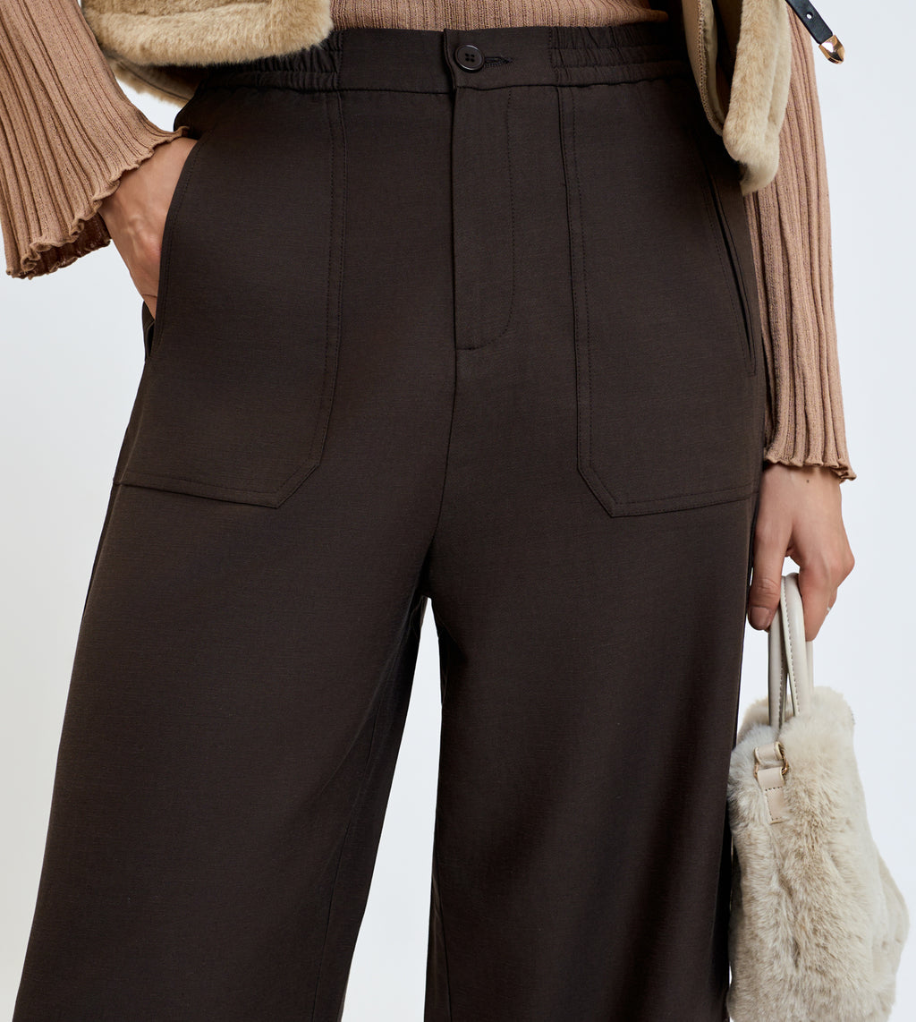 Coffee Cotton Linen Wide-Leg Pants