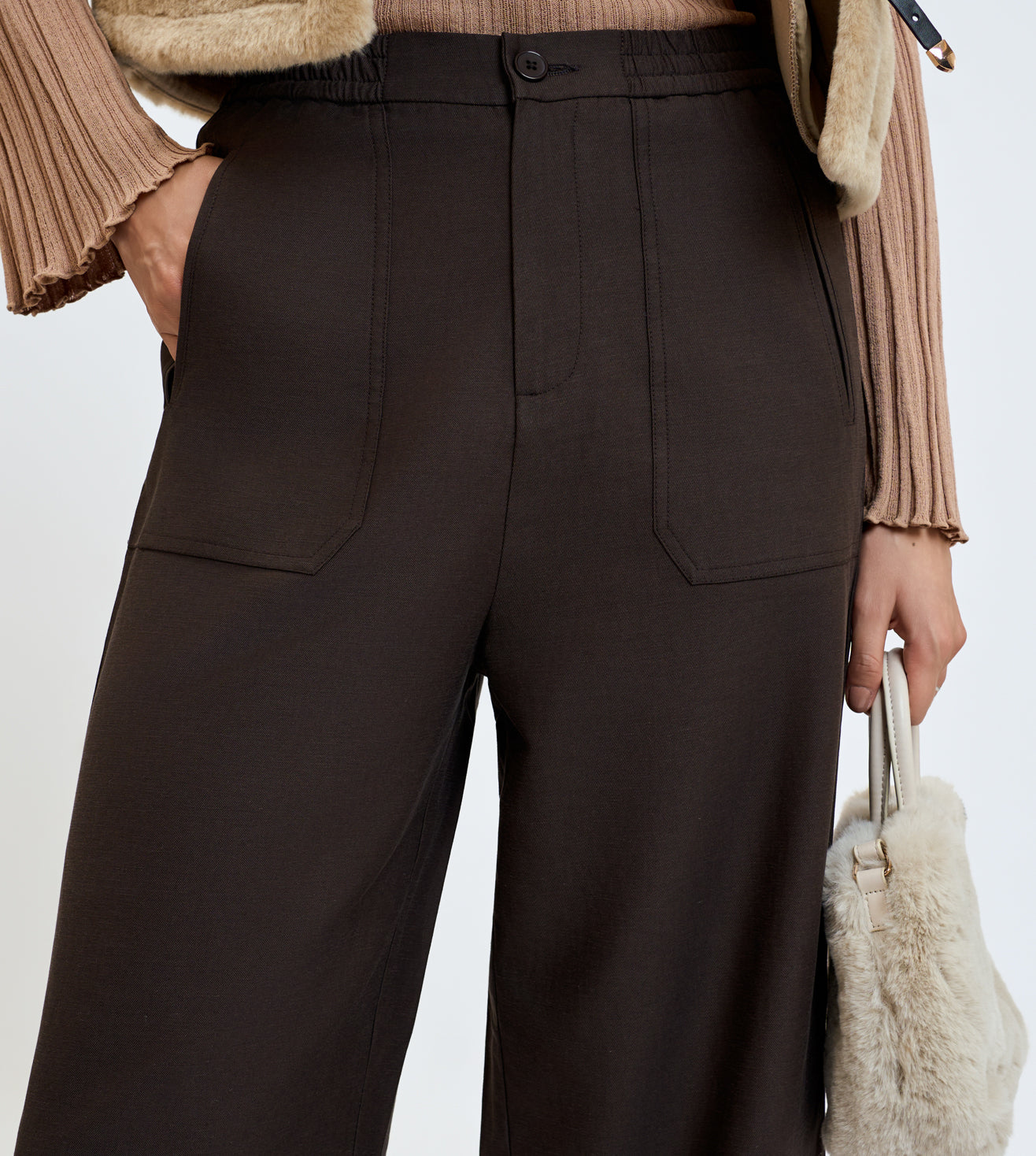 Coffee Cotton Linen Wide-Leg Pants