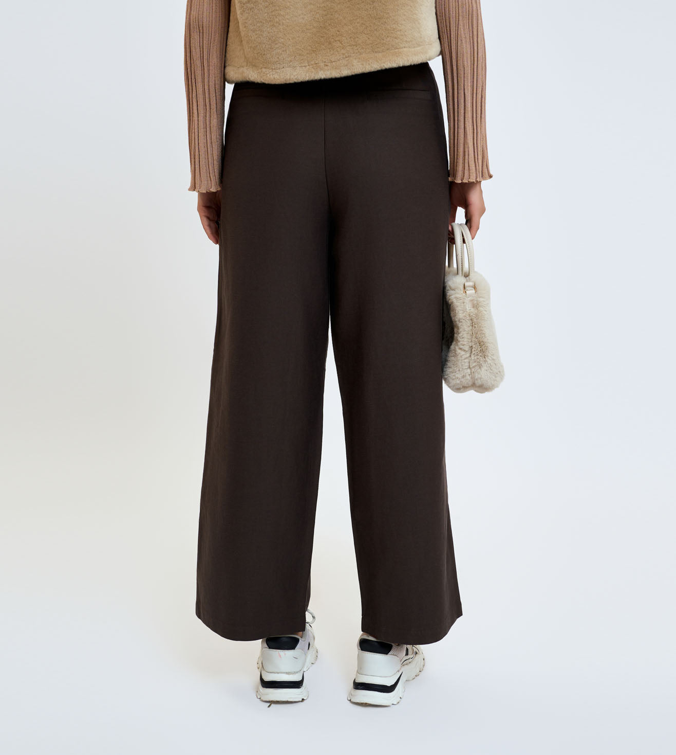 Coffee Cotton Linen Wide-Leg Utility Trousers