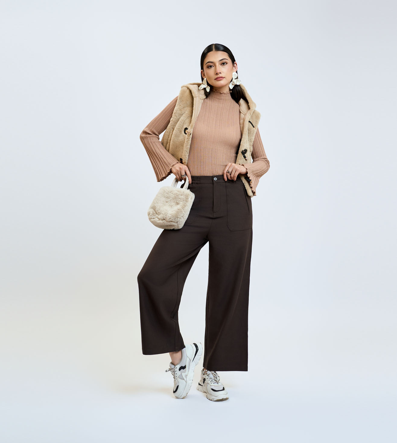 Coffee Cotton Linen Wide-Leg Pants