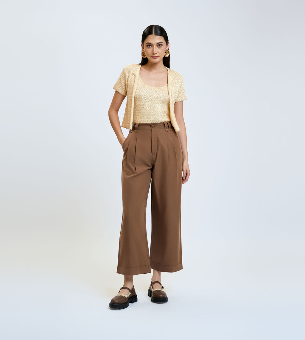Brown Cotton Linen Pleated Wide-Leg Trousers