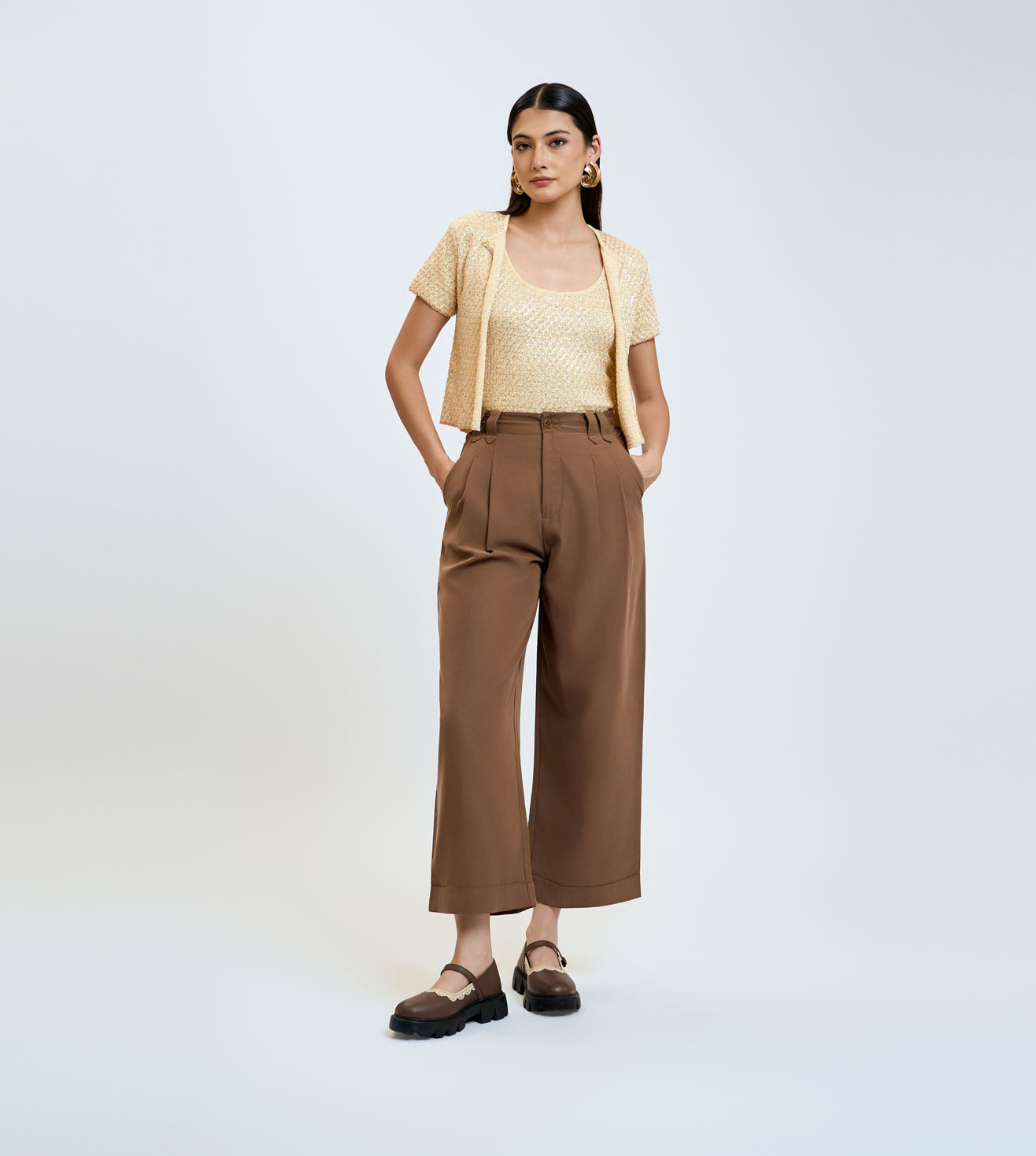 Brown Cotton Linen Pleated Wide-Leg Trousers