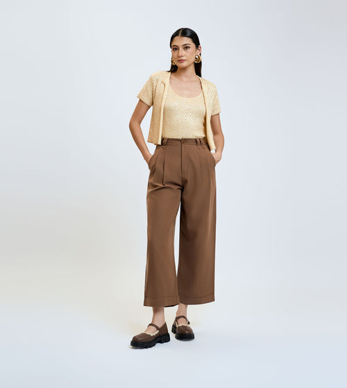 Brown Cotton Linen Pleated Wide-Leg Trousers