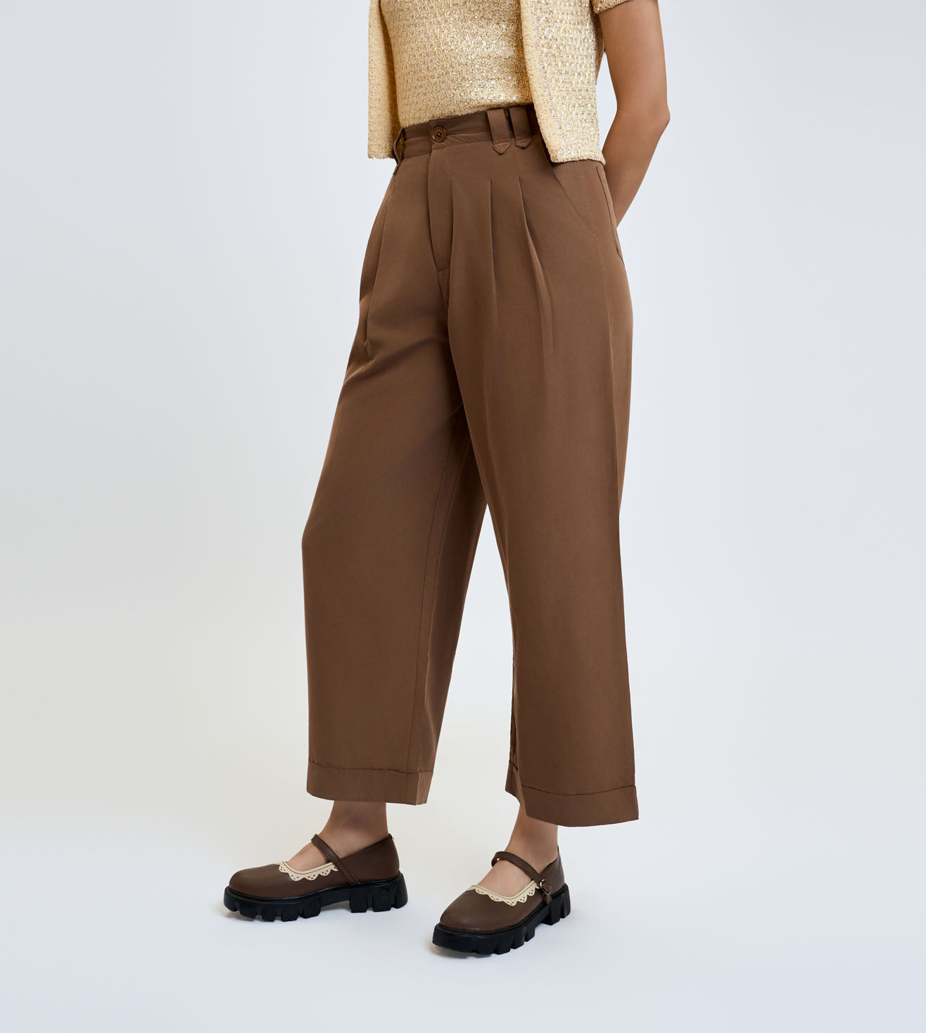 Brown Cotton Linen Pleated Wide-Leg Trousers