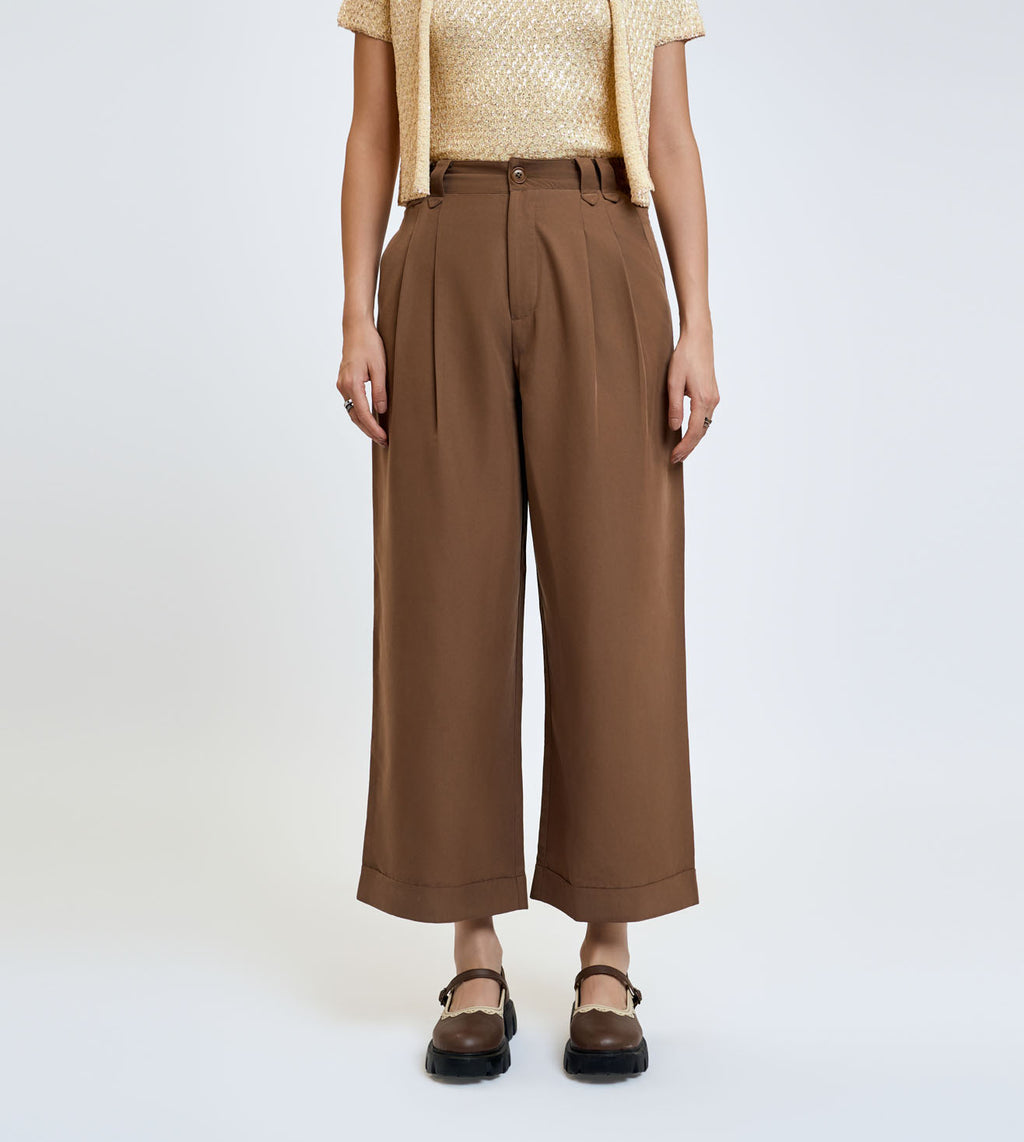 Brown Cotton Linen Pleated Wide-Leg Trousers