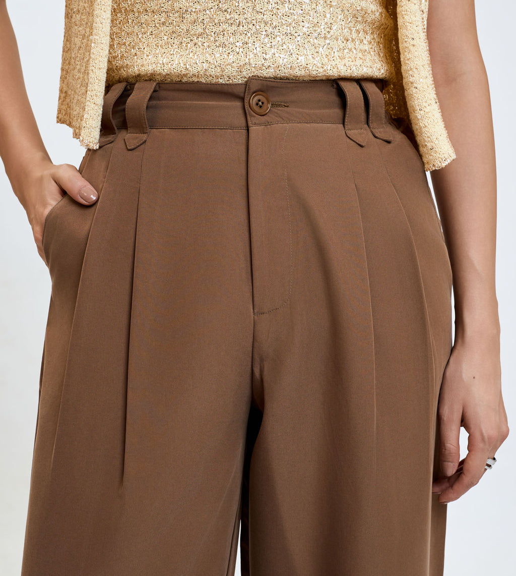 Brown Cotton Linen Pleated Wide-Leg Trousers