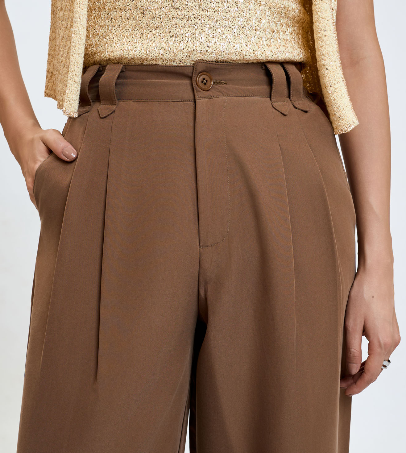 Brown Cotton Linen Pleated Wide-Leg Trousers