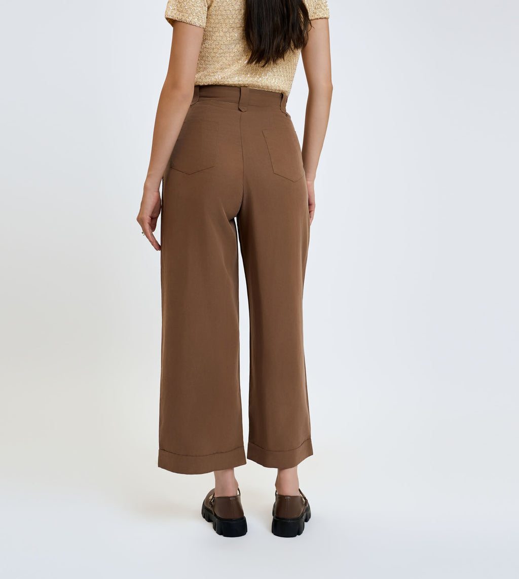 Brown Cotton Linen Pleated Wide-Leg Trousers