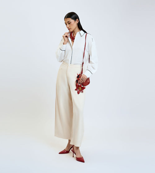 Beige Cotton Linen Wide-Leg Trousers