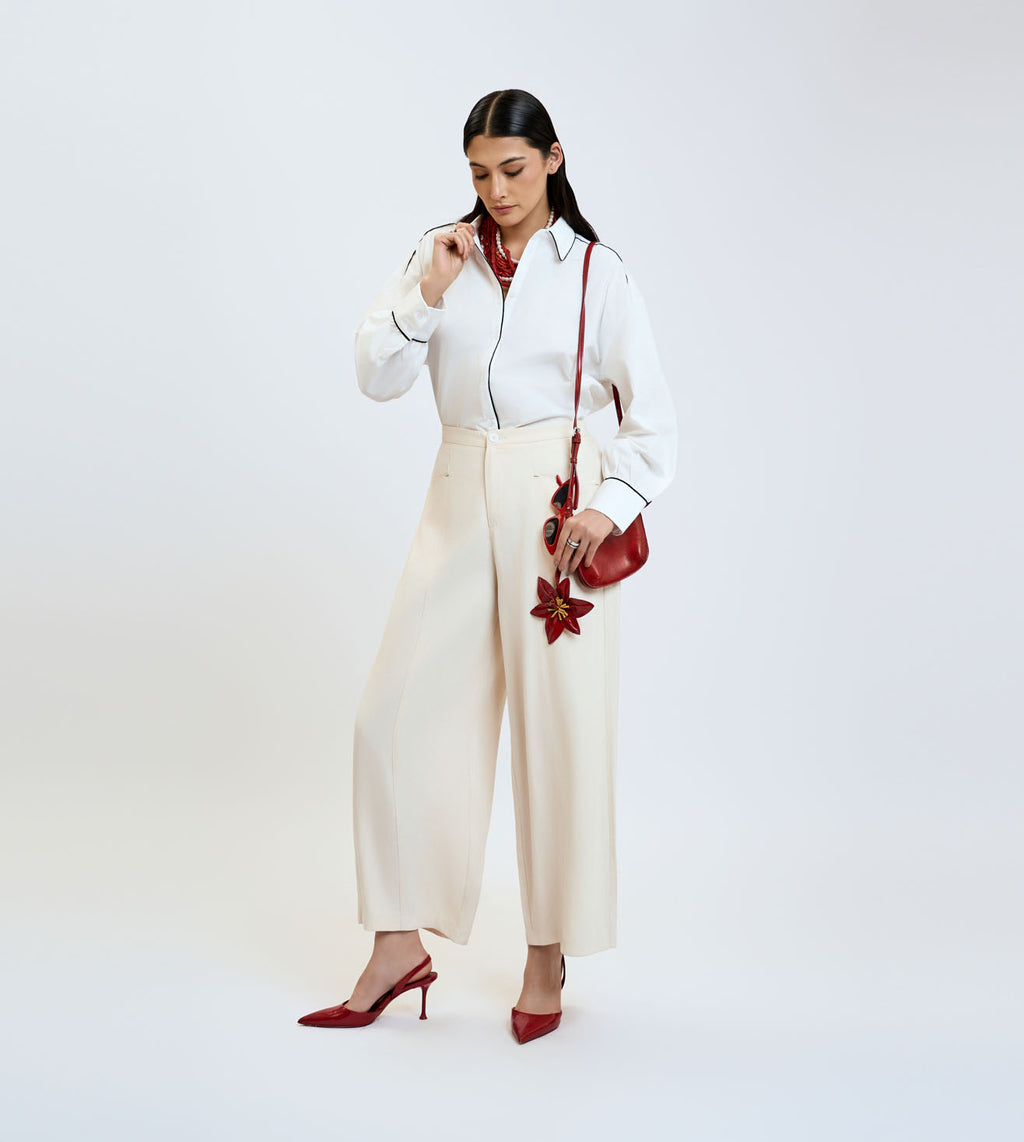 Beige Cotton Linen Wide-Leg Trousers