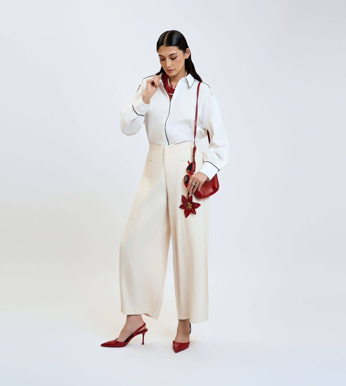 Beige Cotton Linen Wide-Leg Trousers