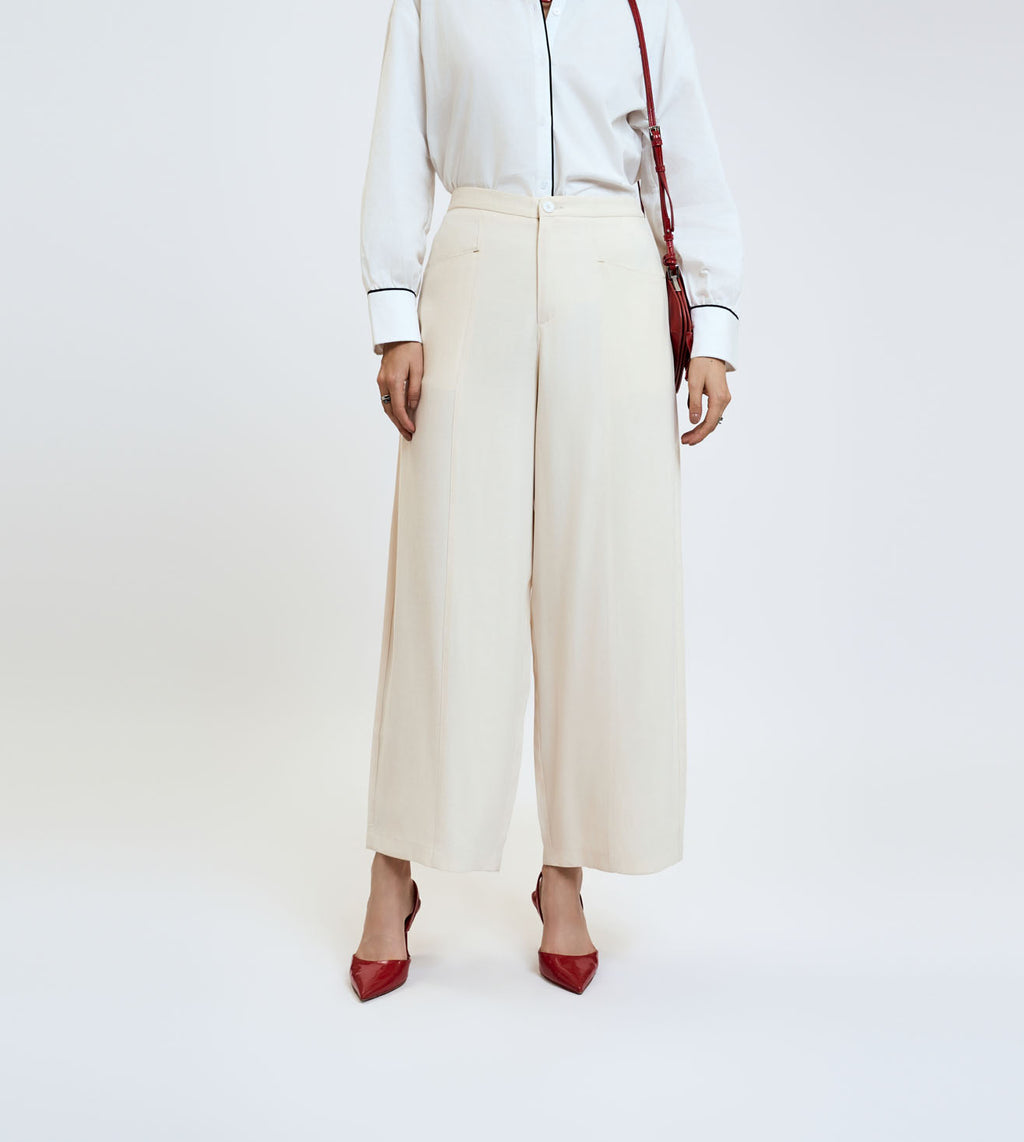 Beige Cotton Linen Wide-Leg Trousers