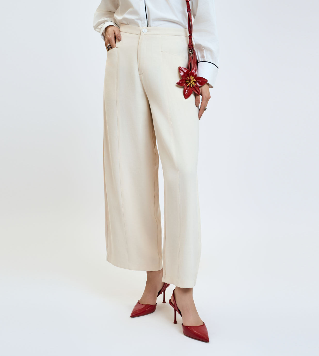 Beige Cotton Linen Wide-Leg Trousers