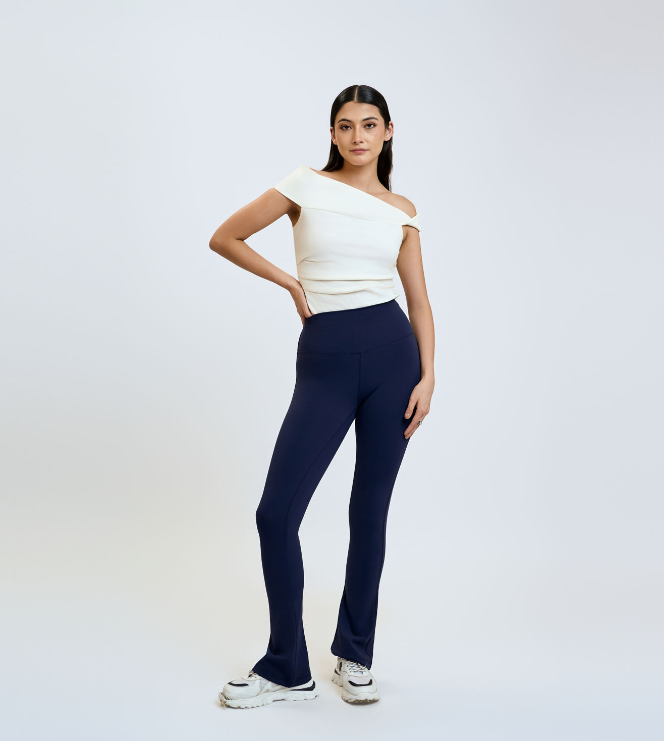 Navy Nylon Spandex Flared Active Pants
