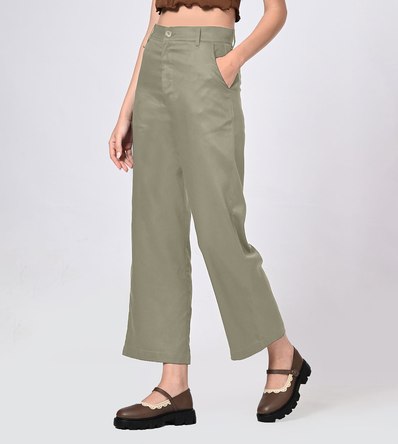 Tencel High Waisted Olive Bell Bottom Formal Pants