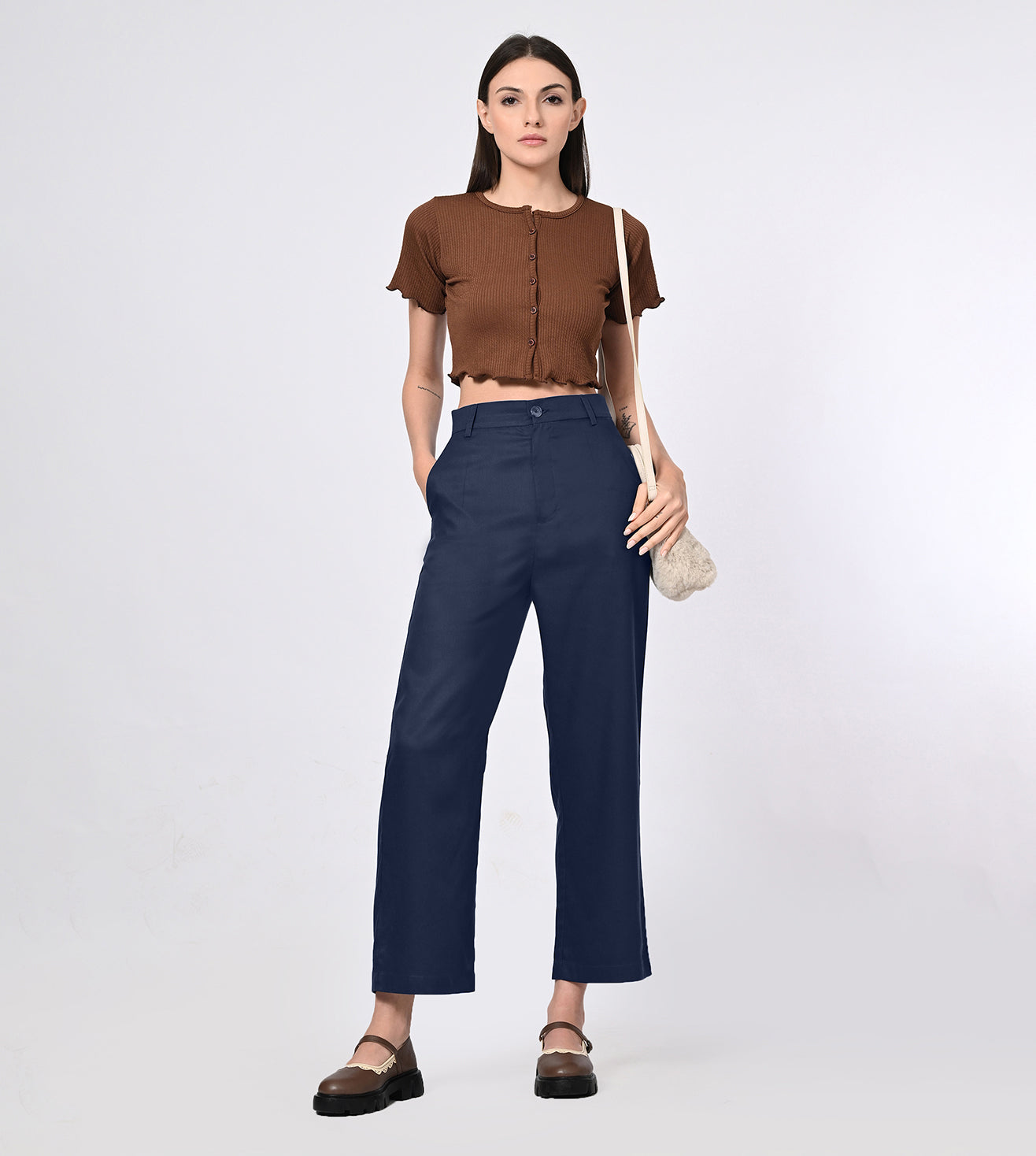Tencel High Waisted Navy Bell Bottom Formal Pants