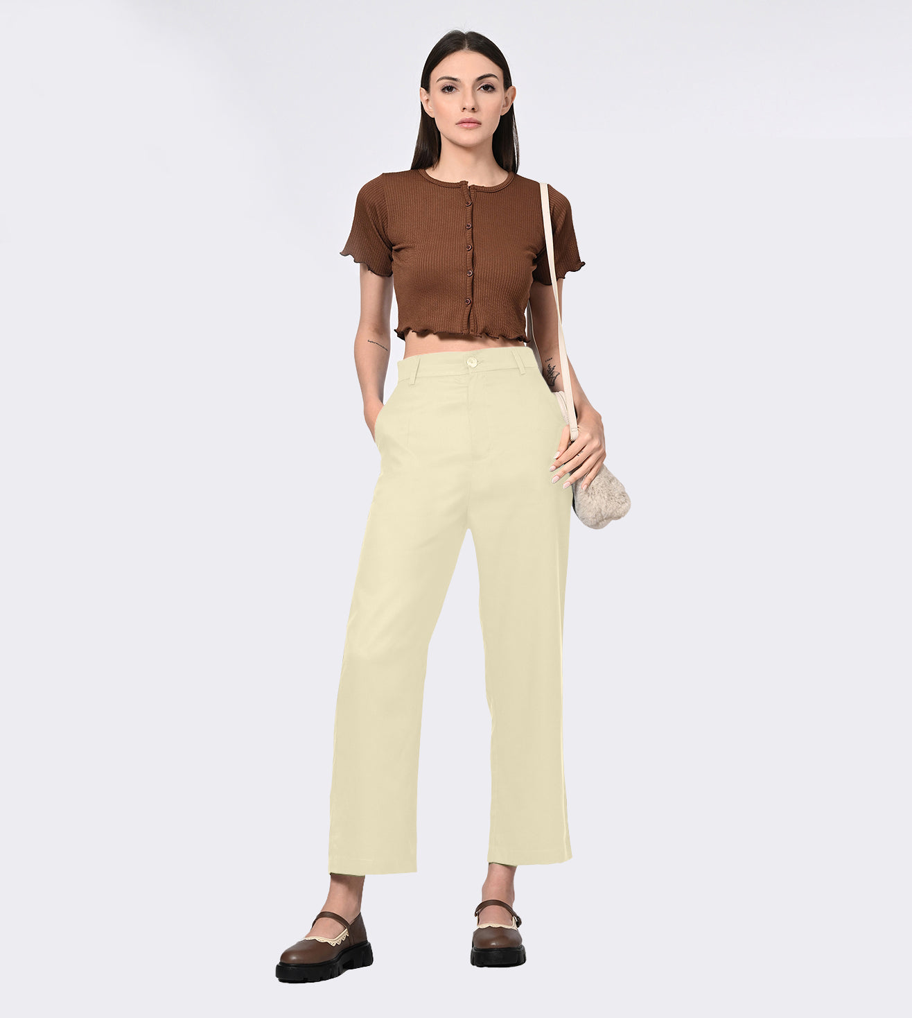 Tencel High Waisted Beige Bell Bottom Formal Pants