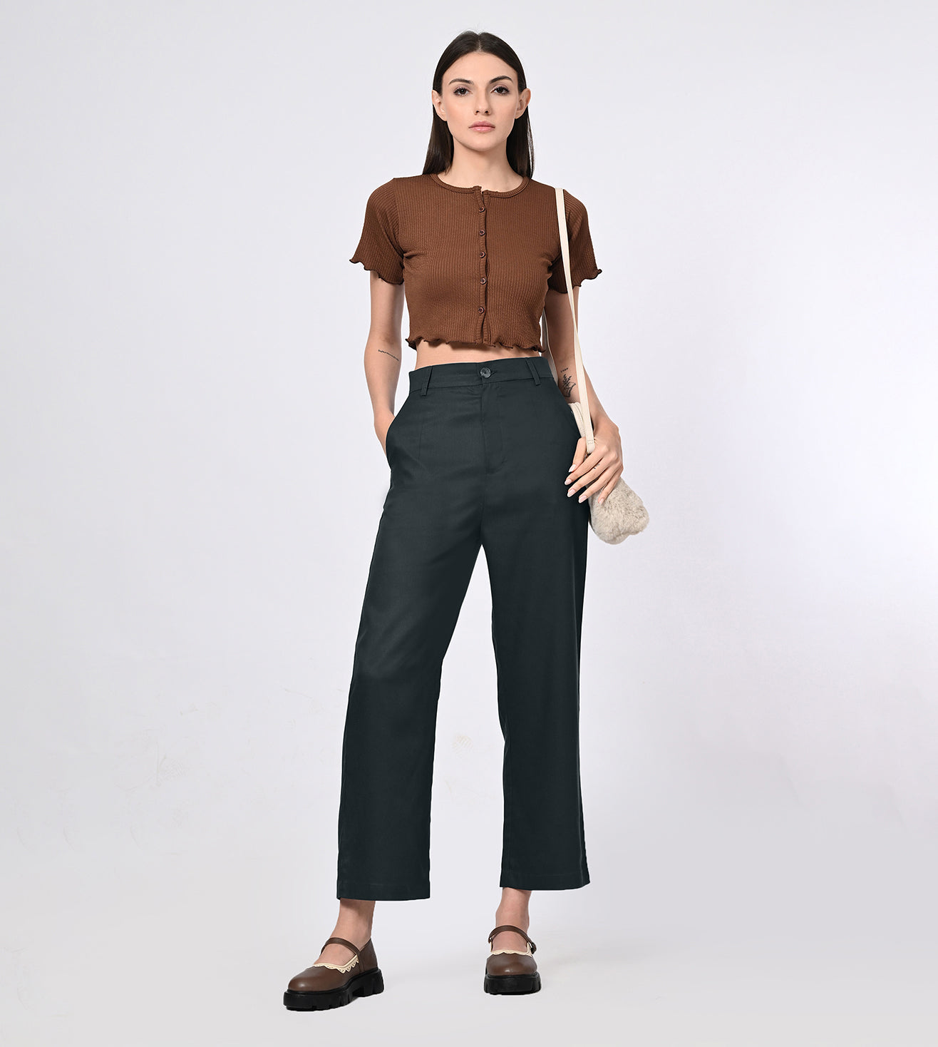 Tencel High Waisted Dark Grey Bell Bottom Formal Pants