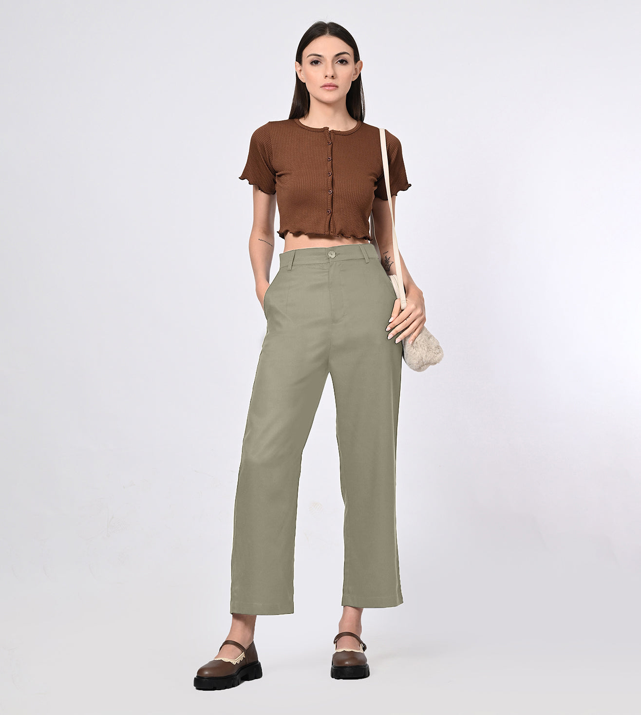 Tencel High Waisted Olive Bell Bottom Formal Pants