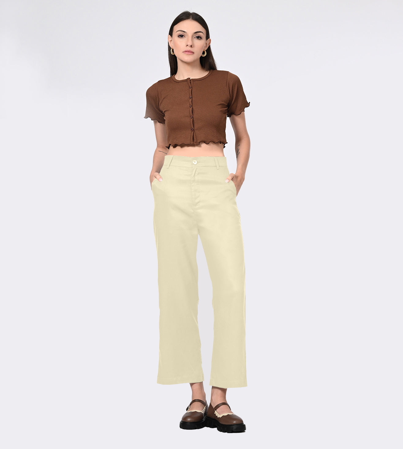 Tencel High Waisted Beige Bell Bottom Formal Pants