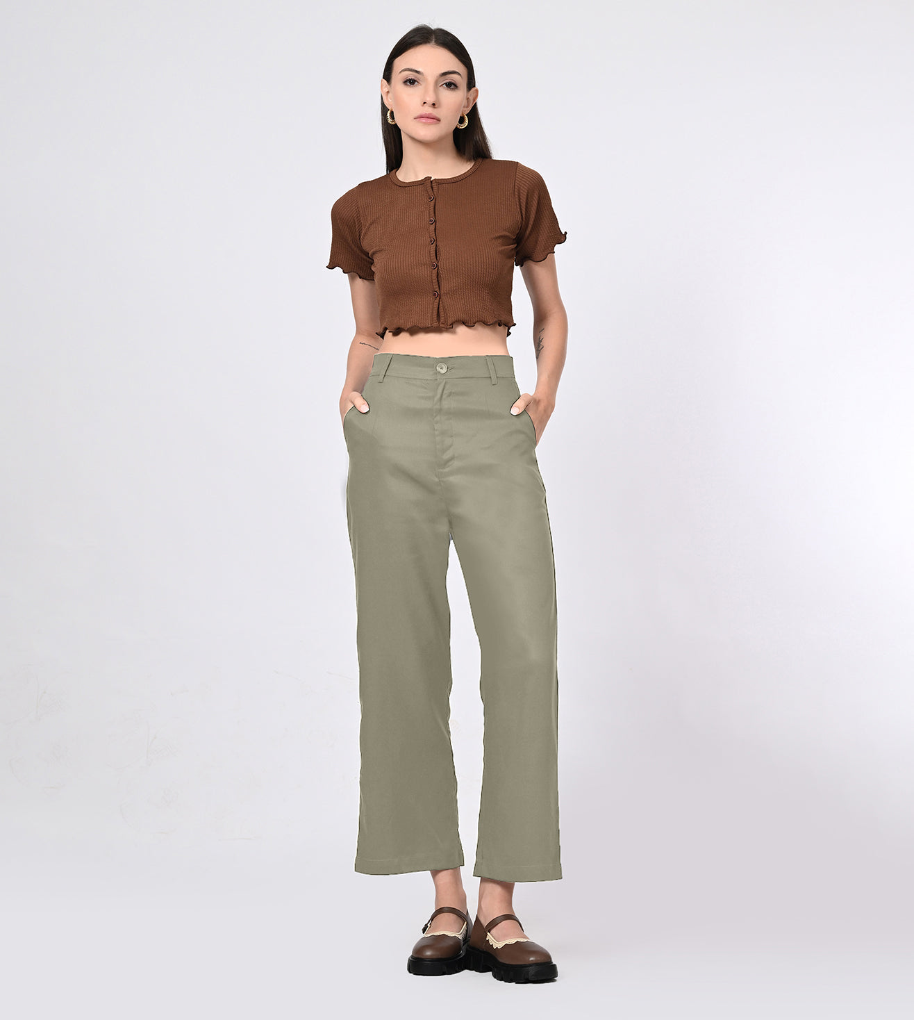 Tencel High Waisted Olive Bell Bottom Formal Pants