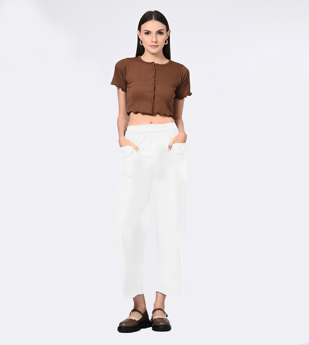 Polyester Spandex Off White Casual Pants