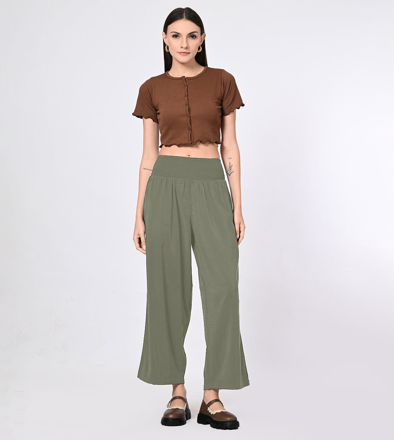 Rayon High Waisted Olive Bell Bottom Trousers