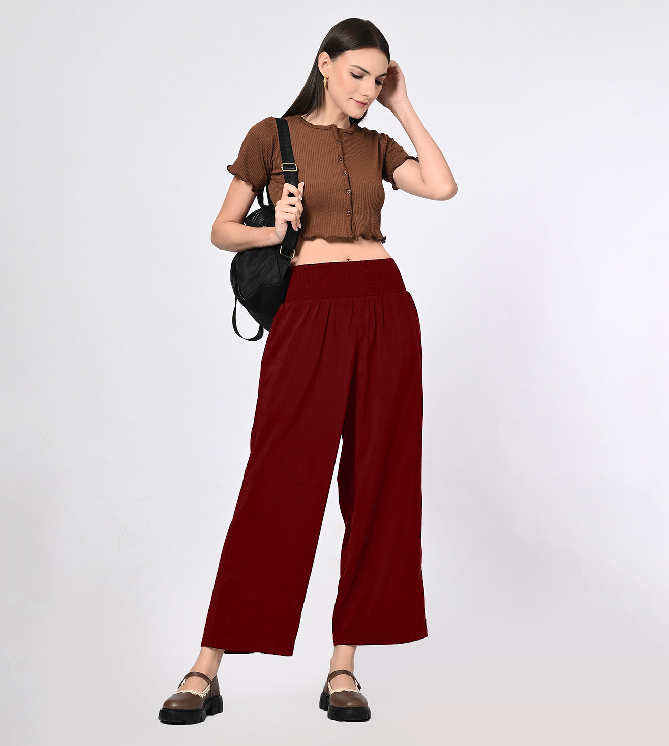 Rayon High Waisted Red Bell Bottom Trousers