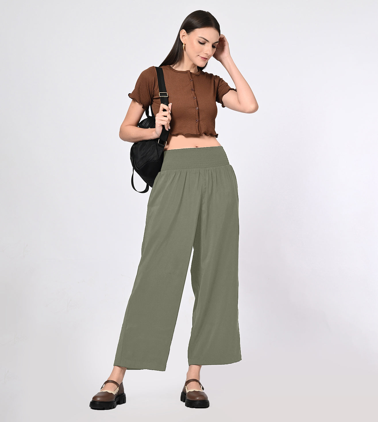 Rayon High Waisted Olive Bell Bottom Trousers