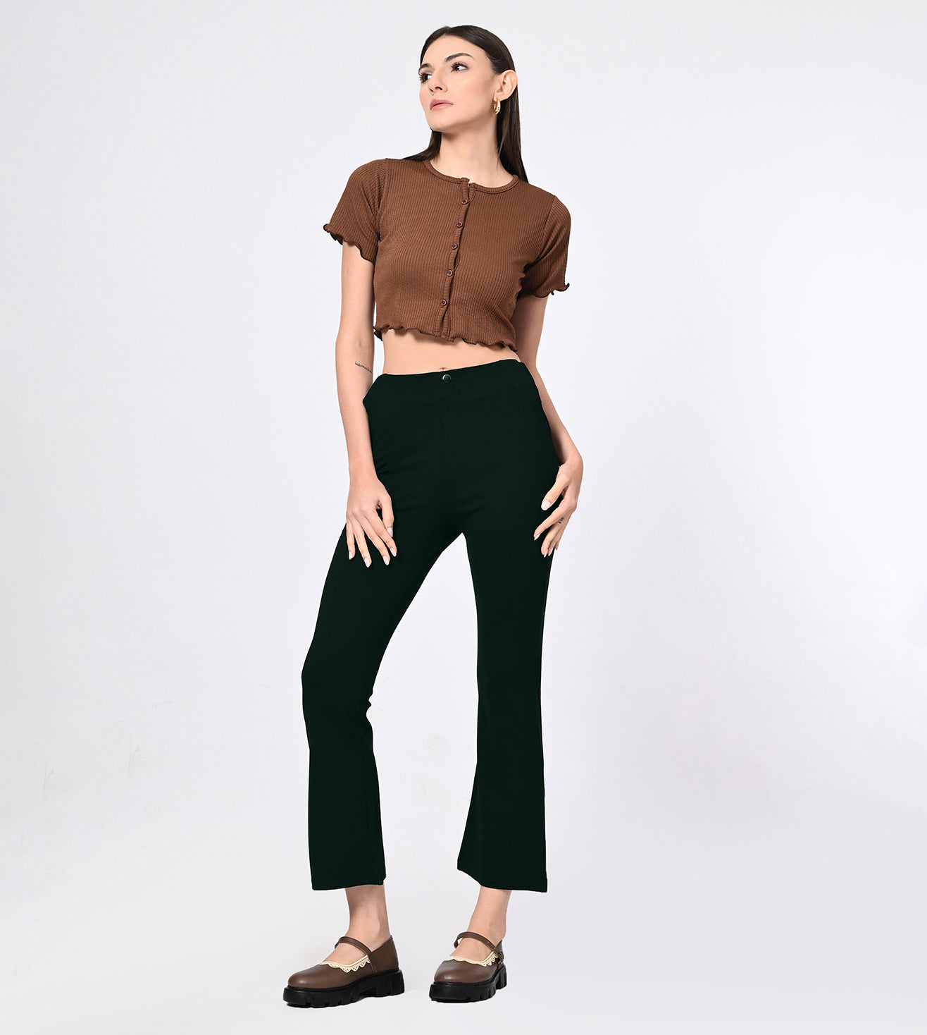 Ponty Roma Bottle Green Bell Bottom High Waisted Pants