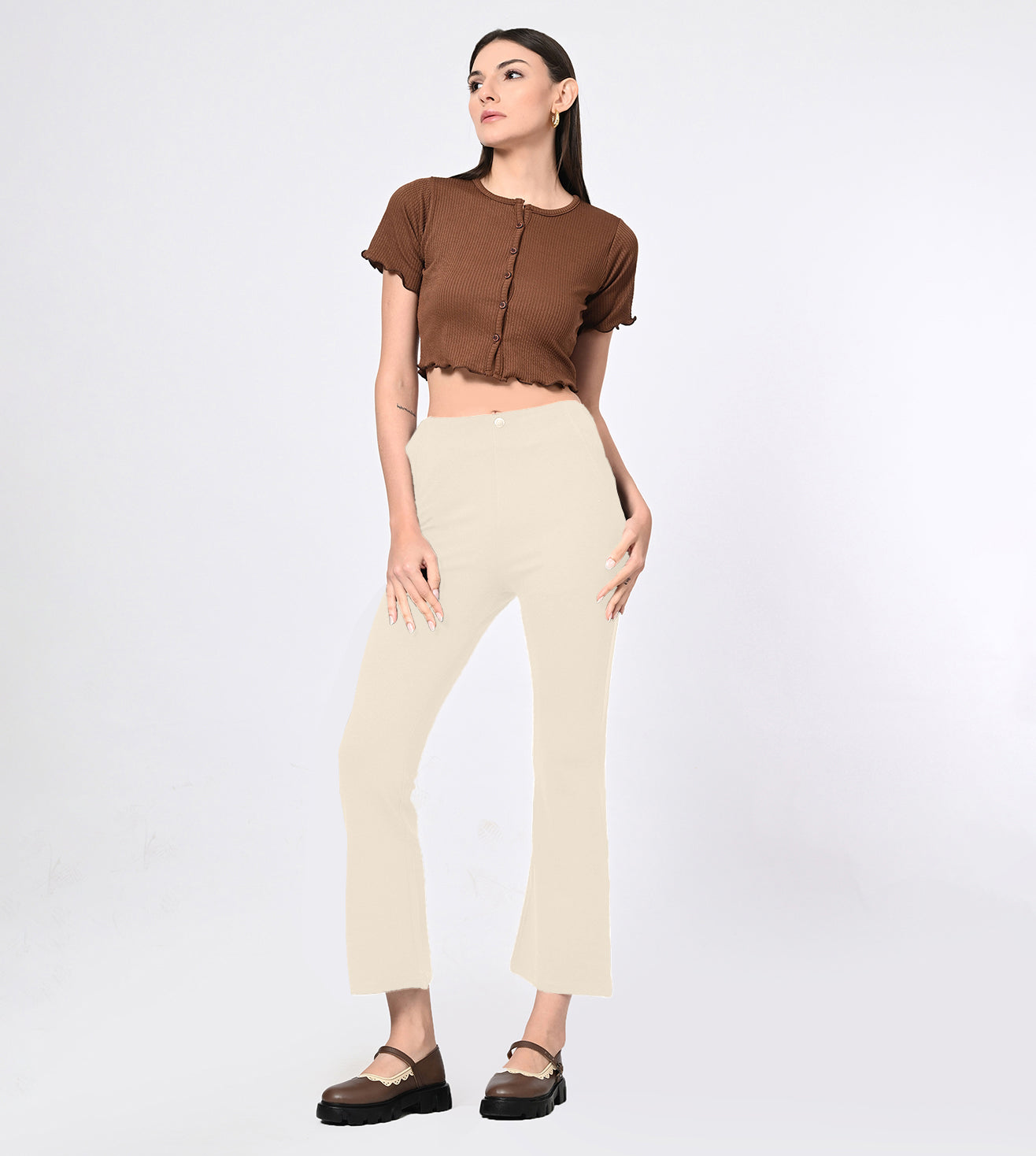 Ponty Roma Beige Bell Bottom High Waisted Pants
