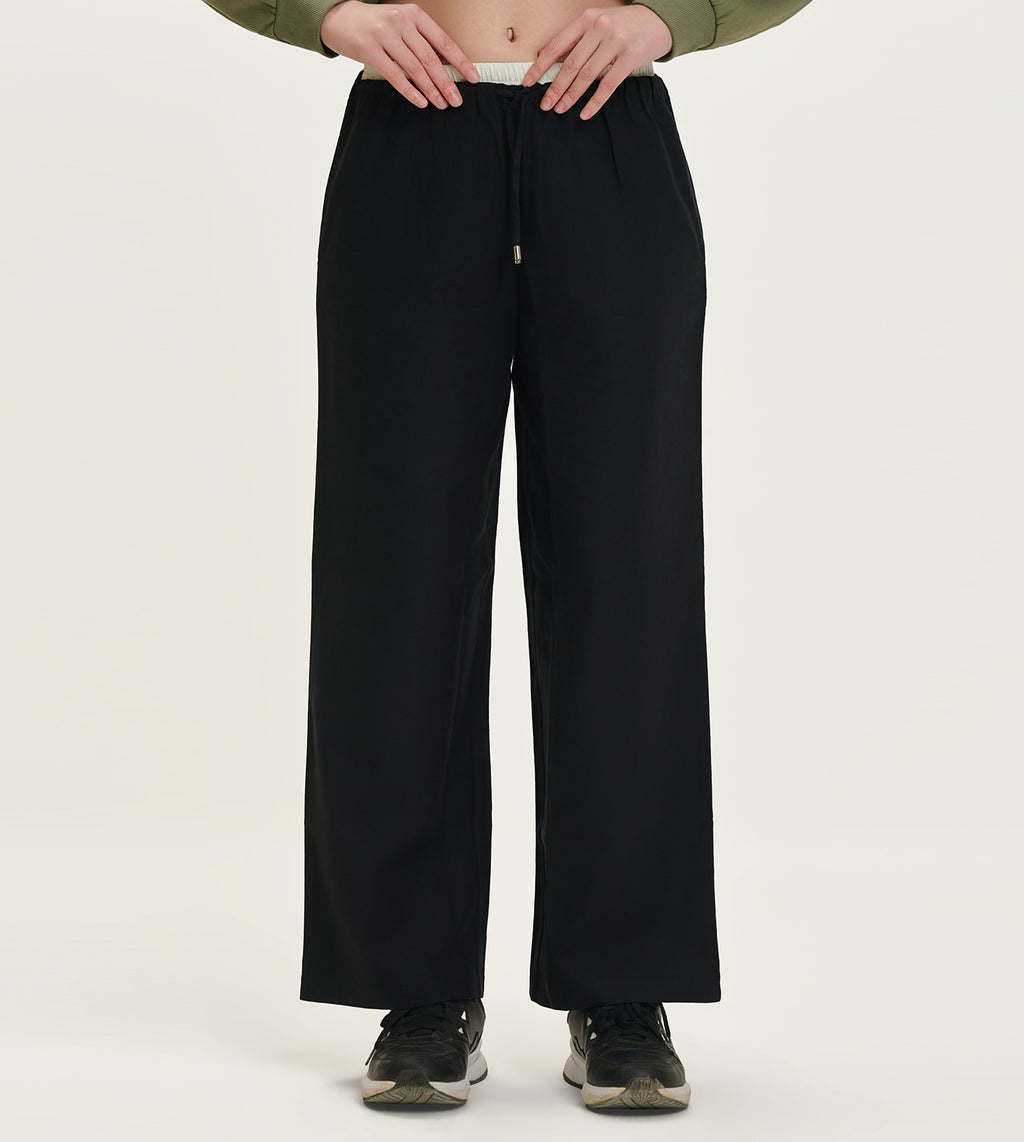 Black Cotton Linen Blend Relaxed Track Pants