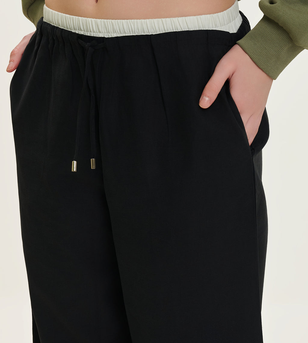 Black Cotton Linen Blend Relaxed Track Pants