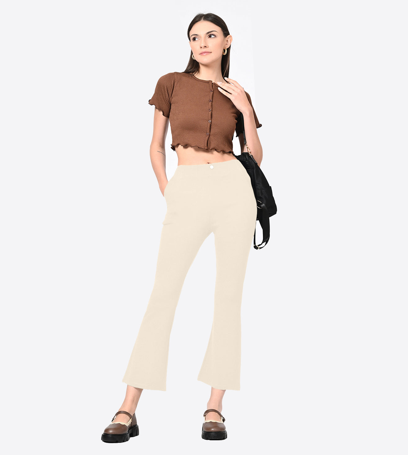 Ponty Roma Beige Bell Bottom High Waisted Pants