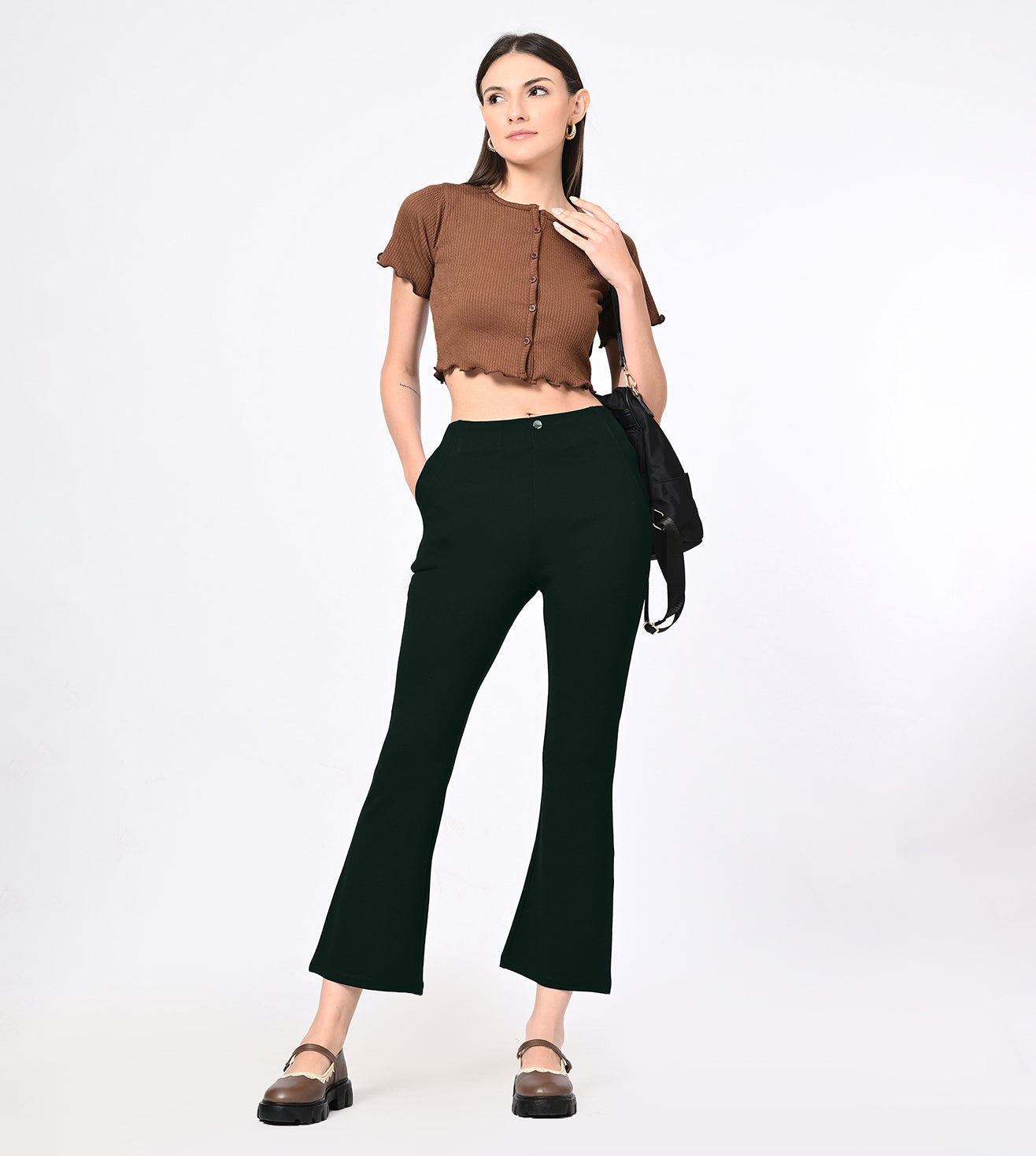 Ponty Roma Bottle Green Bell Bottom High Waisted Pants