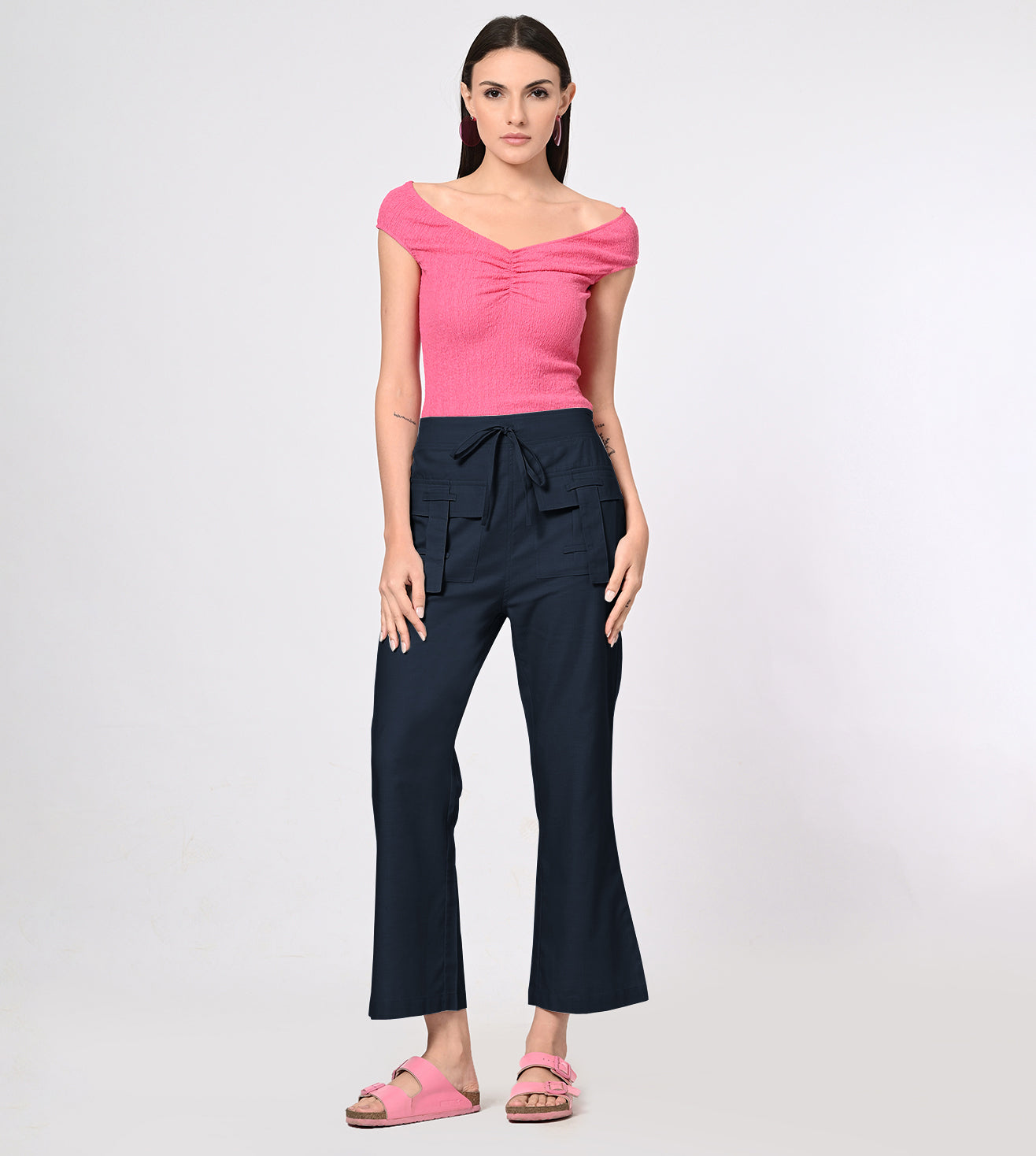 Rayon High Waisted Navy Casual Pants