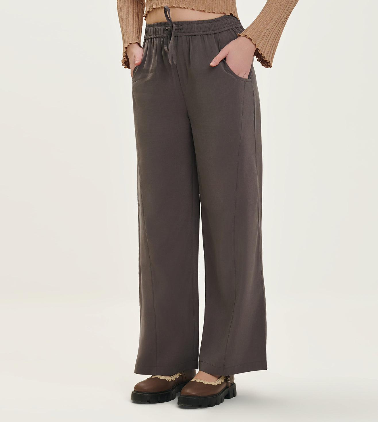 Dark Grey Cotton Linen Blend Drawstring Track Pants