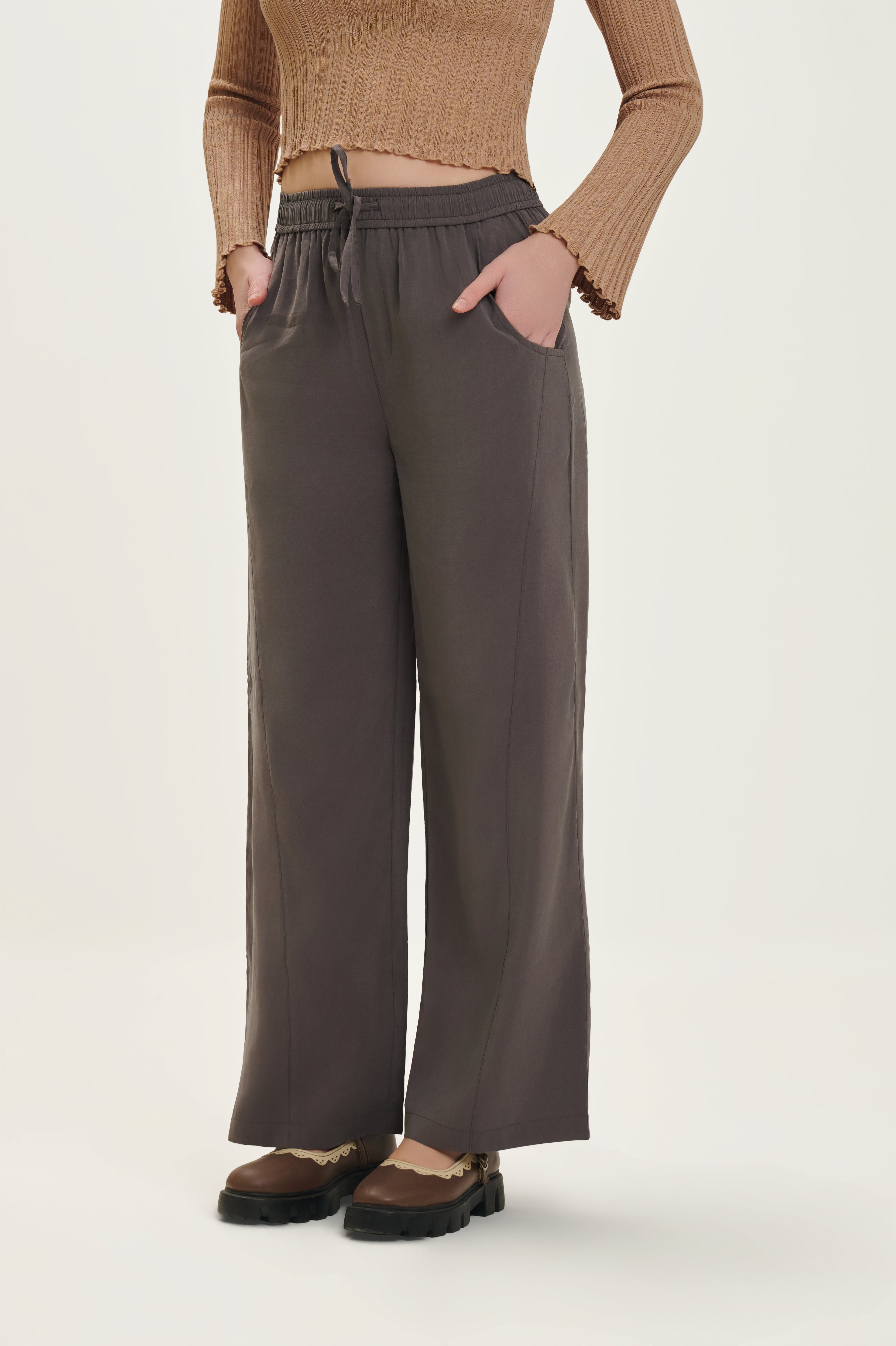 Dark Grey Polynosic Relaxed Fit Wide Leg Pants
