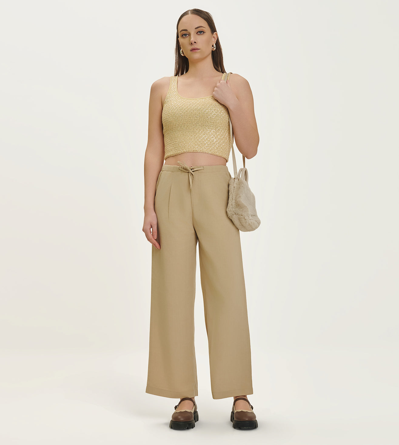 Beige Cotton Linen Blend Relaxed Pants