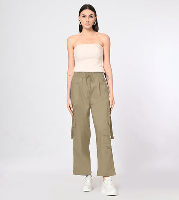 Nylon Blend Khaki Cargo Pants