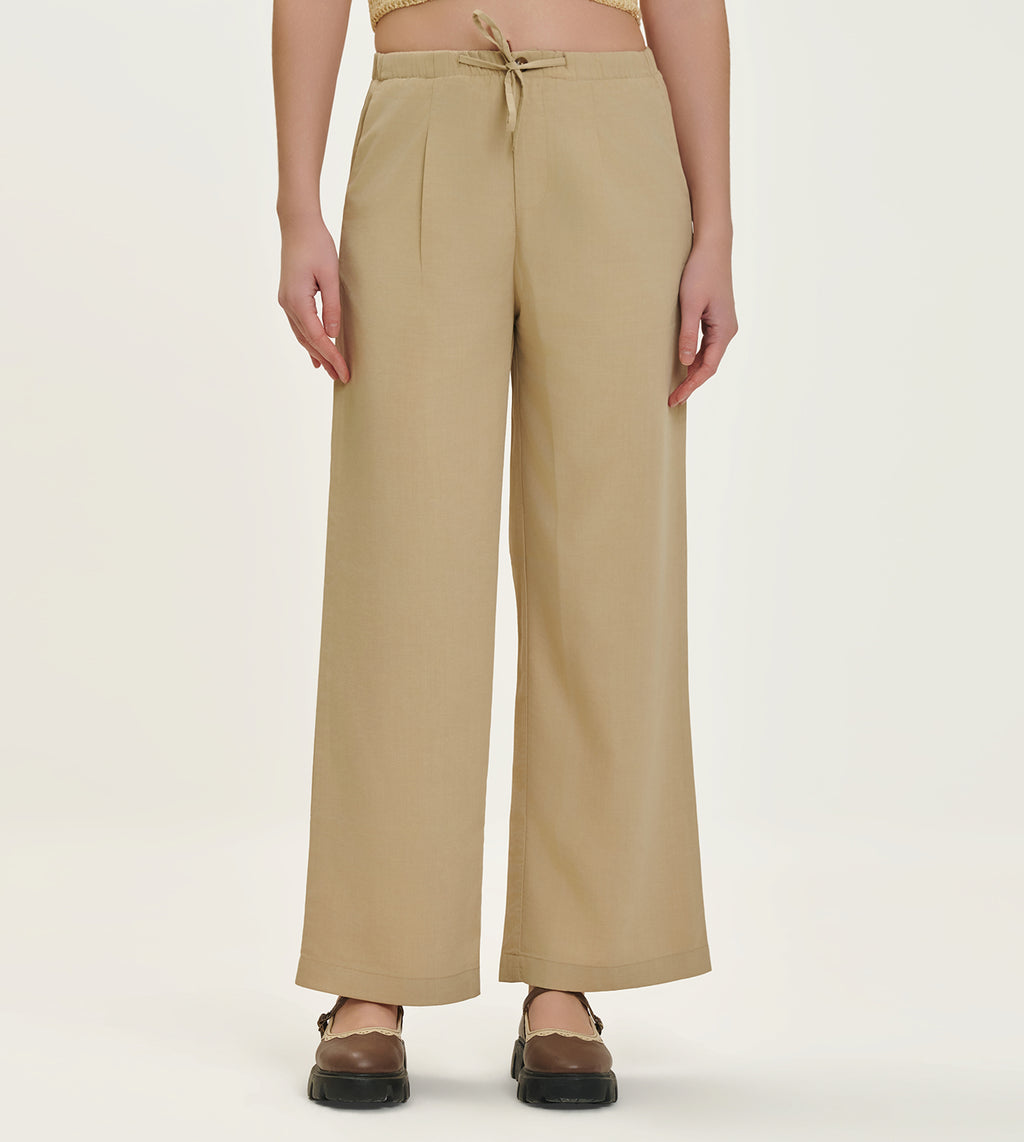 Beige Cotton Linen Blend Relaxed Pants